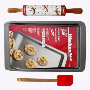 Baking Trio: KitchenAid Cookie Sheet, Ceramic Rolling Pin, Silicon Spatula